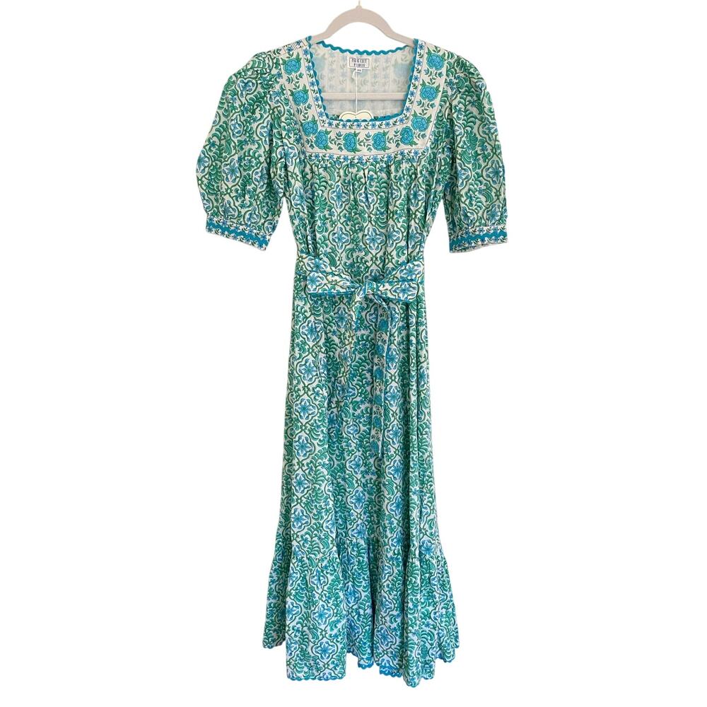 Oliphant Tuckernuck Boca Pink Puff Sleeve Maxi Midi Cotton Block Print Dress